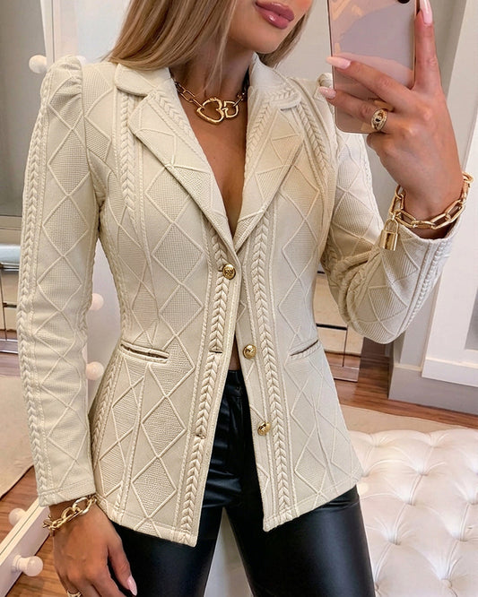 Textured Puff Sleeve Blazer - Slim Fit Gold Button Suit Jacket