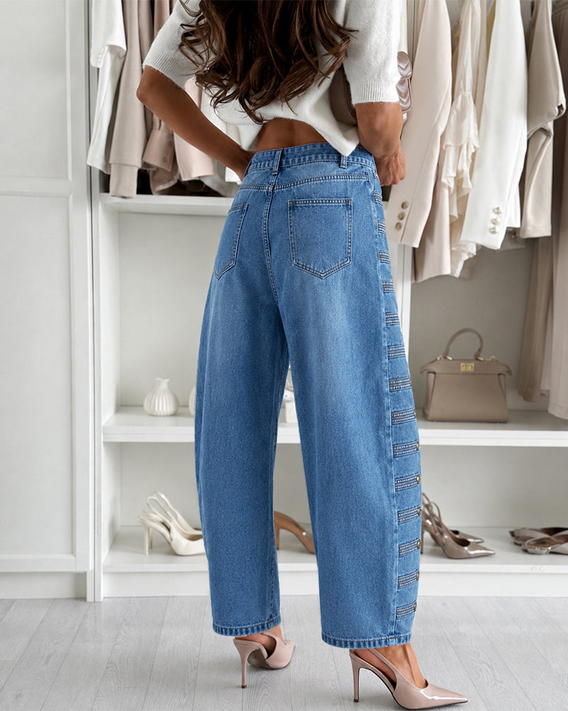 Women's High-Waisted Barrel Jeans - Side Button Wide Leg Y2K Denim