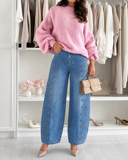 Women's High-Waisted Barrel Jeans - Side Button Wide Leg Y2K Denim