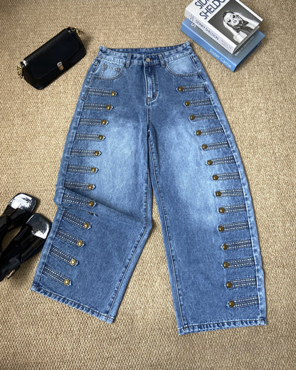 Women's High-Waisted Barrel Jeans - Side Button Wide Leg Y2K Denim