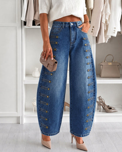 Women's High-Waisted Barrel Jeans - Side Button Wide Leg Y2K Denim