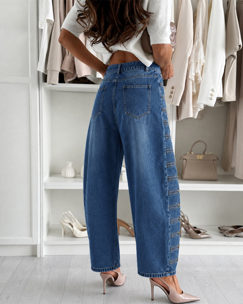 Women's High-Waisted Barrel Jeans - Side Button Wide Leg Y2K Denim