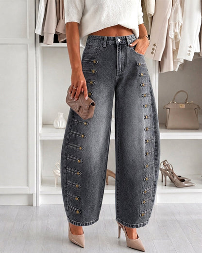 Women's High-Waisted Barrel Jeans - Side Button Wide Leg Y2K Denim