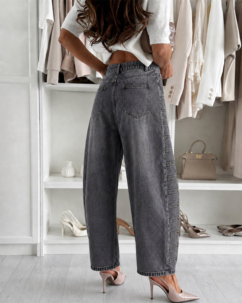Women's High-Waisted Barrel Jeans - Side Button Wide Leg Y2K Denim