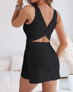 Square Neck Backless Twist-Back Skort Romper