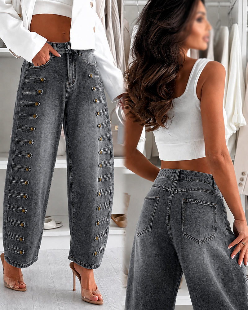 Women's High-Waisted Barrel Jeans - Side Button Wide Leg Y2K Denim