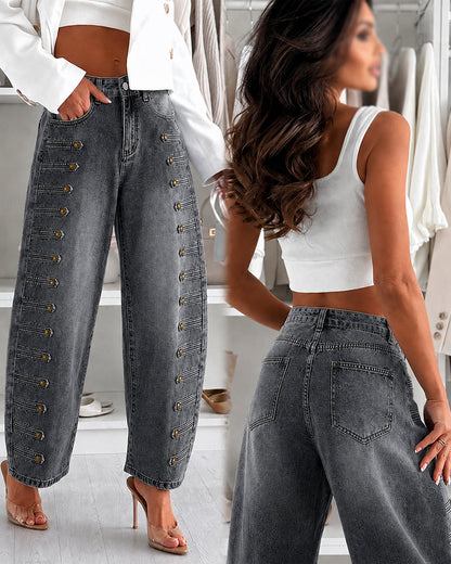 Women's High-Waisted Barrel Jeans - Side Button Wide Leg Y2K Denim