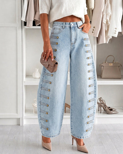 Women's High-Waisted Barrel Jeans - Side Button Wide Leg Y2K Denim