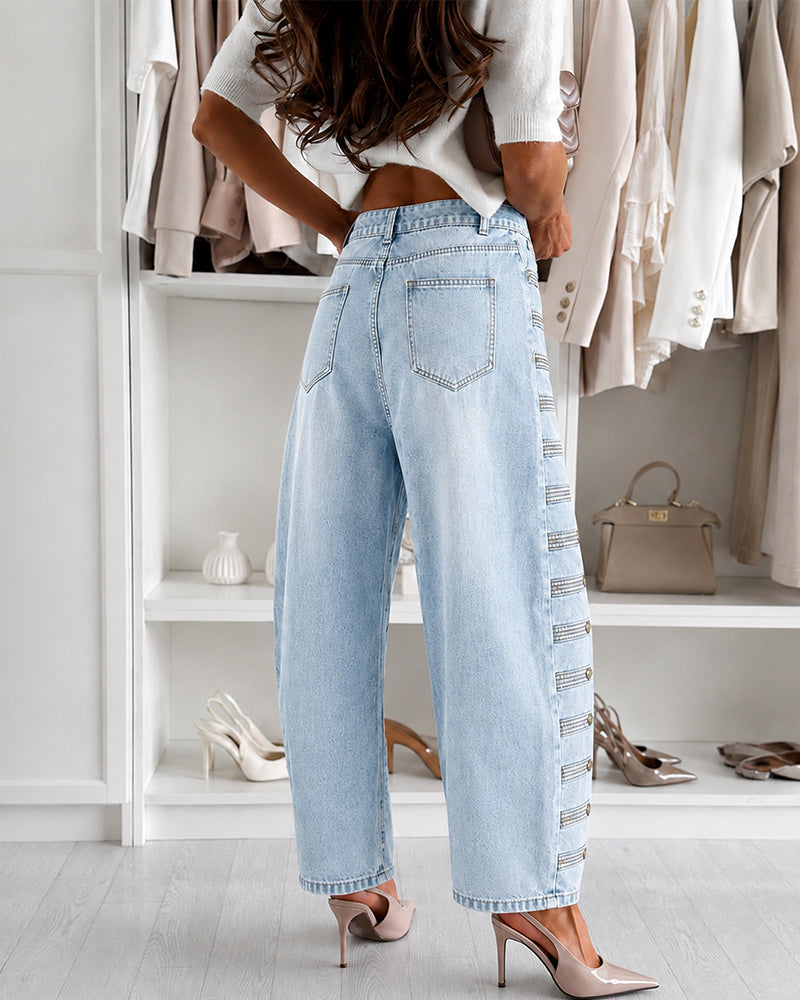 Women's High-Waisted Barrel Jeans - Side Button Wide Leg Y2K Denim