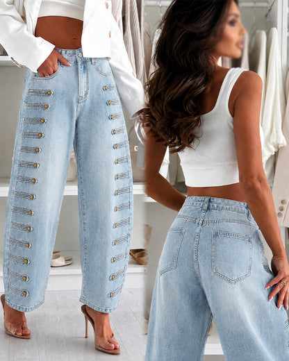 Women's High-Waisted Barrel Jeans - Side Button Wide Leg Y2K Denim