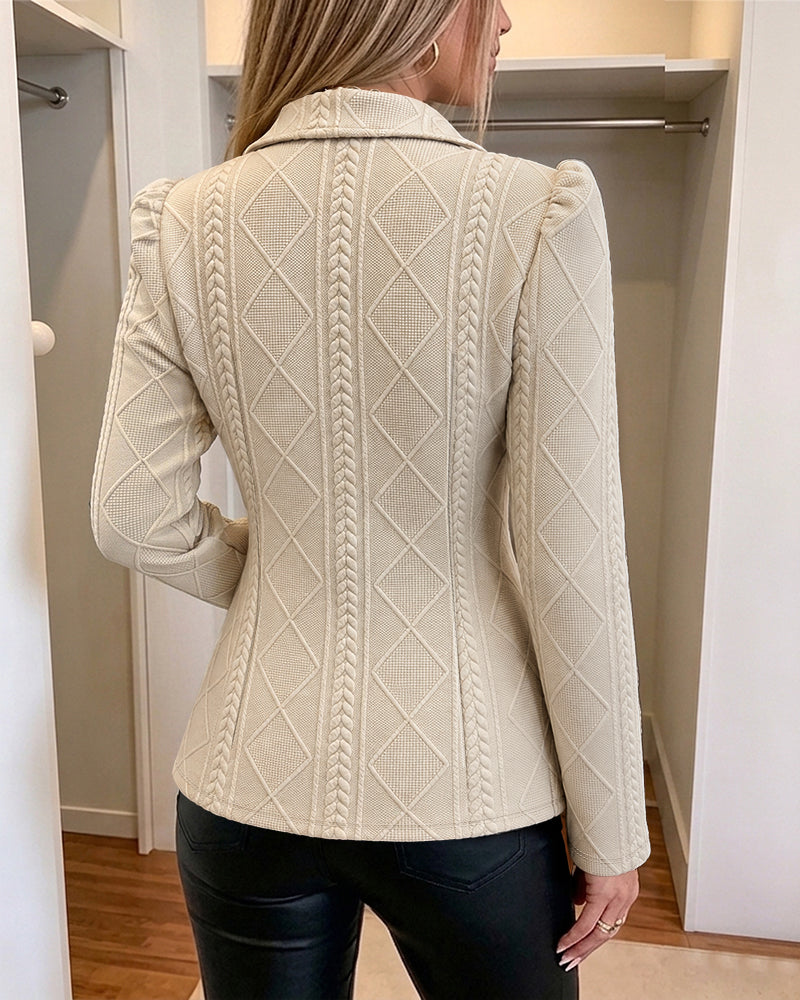 Textured Puff Sleeve Blazer - Slim Fit Gold Button Suit Jacket