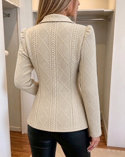 Textured Puff Sleeve Blazer - Slim Fit Gold Button Suit Jacket