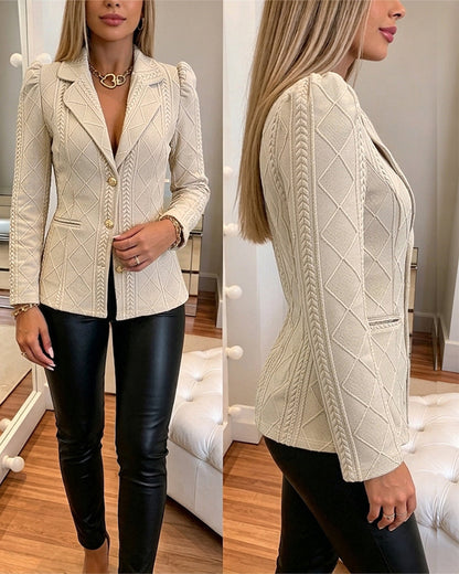 Textured Puff Sleeve Blazer - Slim Fit Gold Button Suit Jacket