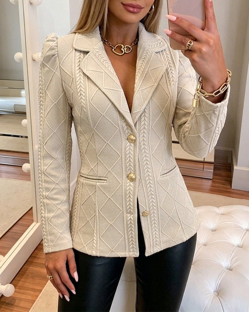 Textured Puff Sleeve Blazer - Slim Fit Gold Button Suit Jacket