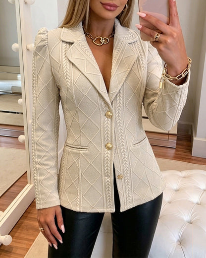 Textured Puff Sleeve Blazer - Slim Fit Gold Button Suit Jacket