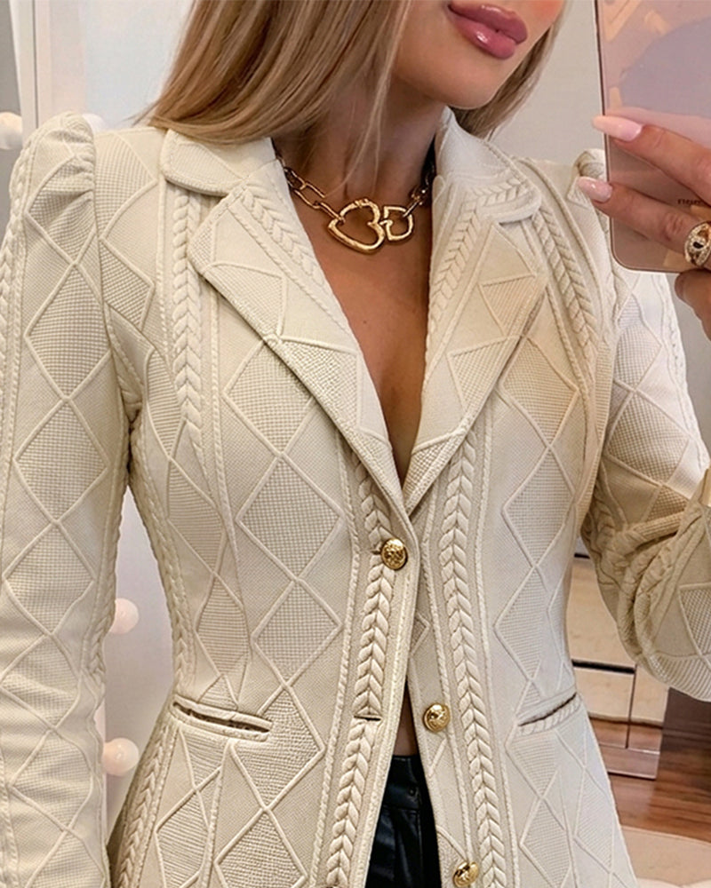 Textured Puff Sleeve Blazer - Slim Fit Gold Button Suit Jacket