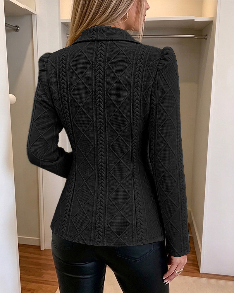 Textured Puff Sleeve Blazer - Slim Fit Gold Button Suit Jacket