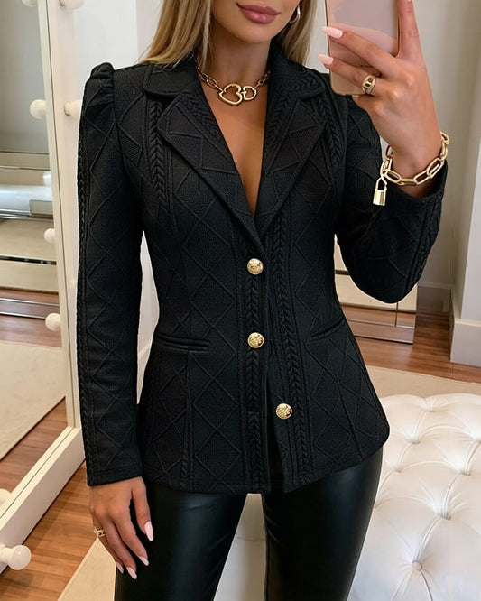 Textured Puff Sleeve Blazer - Slim Fit Gold Button Suit Jacket