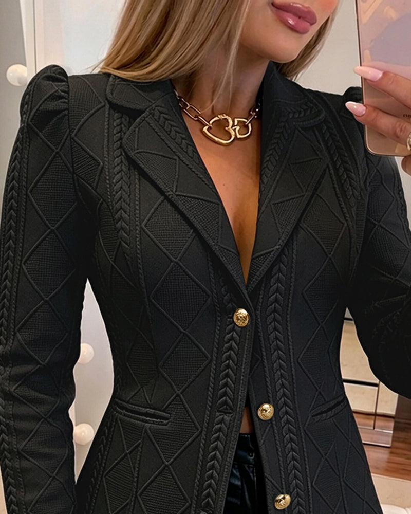 Textured Puff Sleeve Blazer - Slim Fit Gold Button Suit Jacket