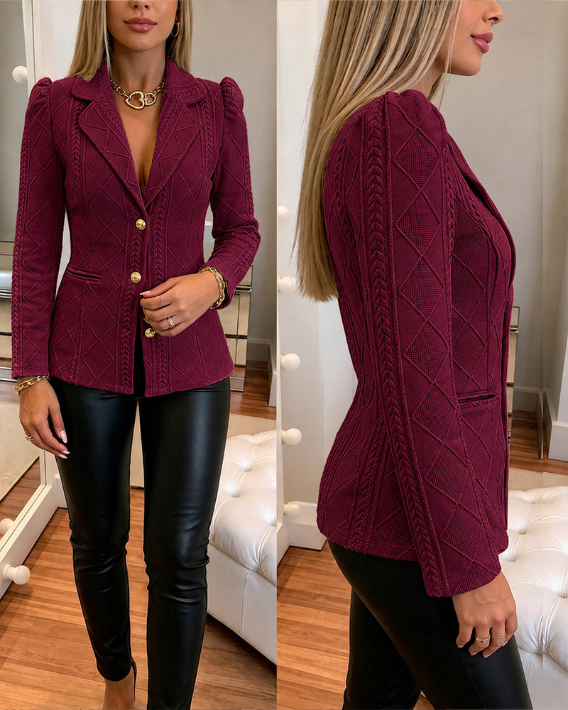 Textured Puff Sleeve Blazer - Slim Fit Gold Button Suit Jacket