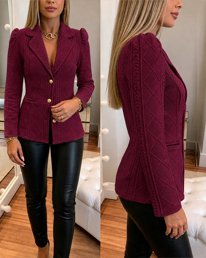 Textured Puff Sleeve Blazer - Slim Fit Gold Button Suit Jacket