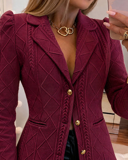 Textured Puff Sleeve Blazer - Slim Fit Gold Button Suit Jacket