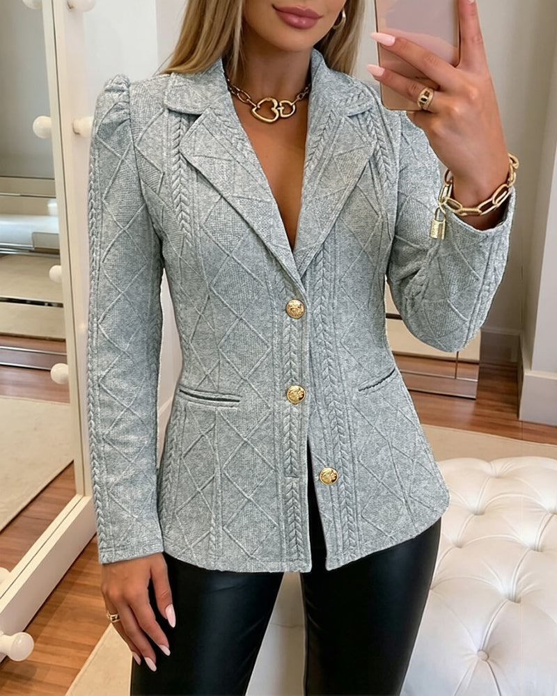 Textured Puff Sleeve Blazer - Slim Fit Gold Button Suit Jacket