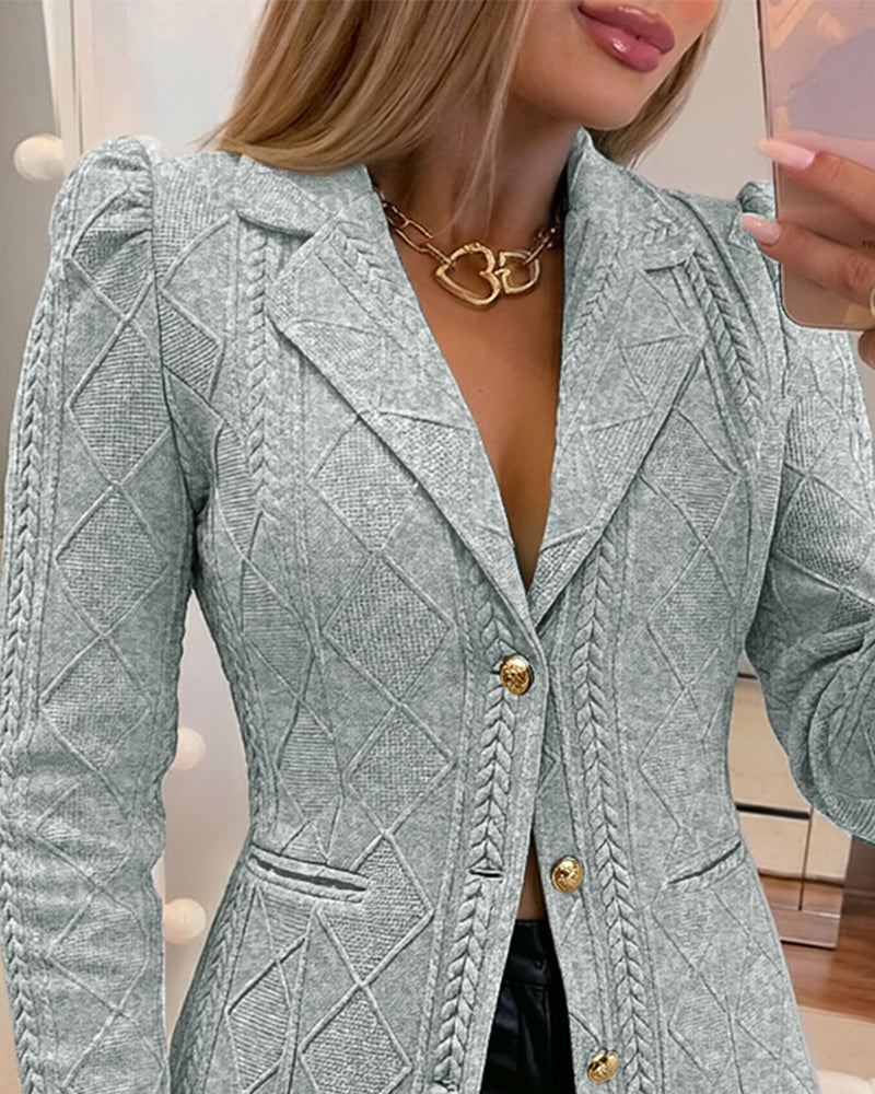 Textured Puff Sleeve Blazer - Slim Fit Gold Button Suit Jacket