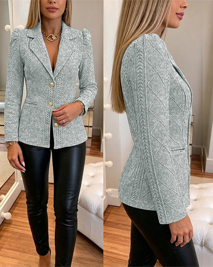 Textured Puff Sleeve Blazer - Slim Fit Gold Button Suit Jacket