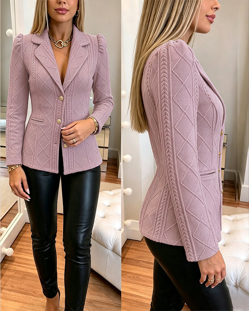 Textured Puff Sleeve Blazer - Slim Fit Gold Button Suit Jacket