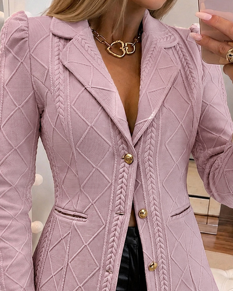 Textured Puff Sleeve Blazer - Slim Fit Gold Button Suit Jacket
