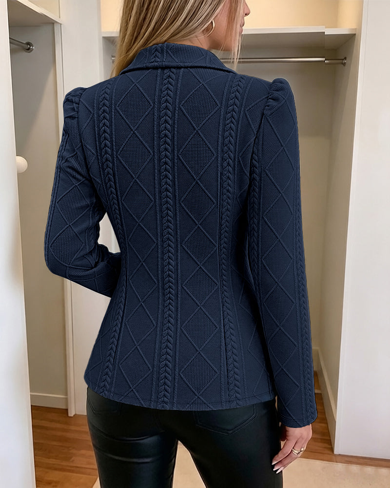 Textured Puff Sleeve Blazer - Slim Fit Gold Button Suit Jacket