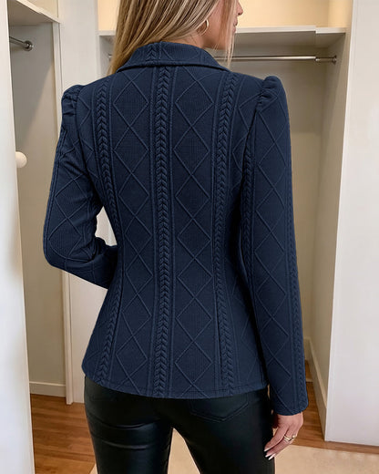 Textured Puff Sleeve Blazer - Slim Fit Gold Button Suit Jacket