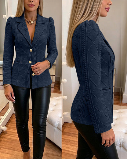 Textured Puff Sleeve Blazer - Slim Fit Gold Button Suit Jacket
