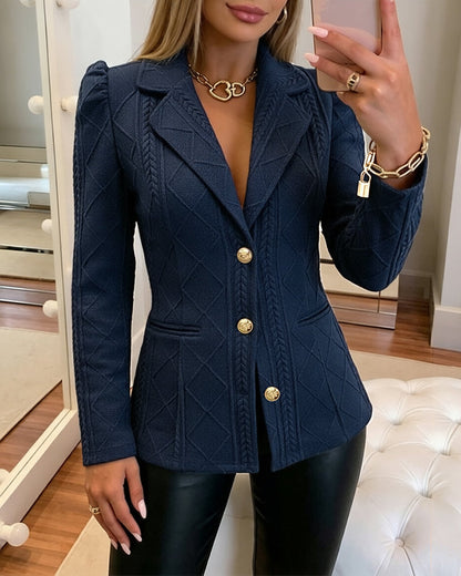 Textured Puff Sleeve Blazer - Slim Fit Gold Button Suit Jacket