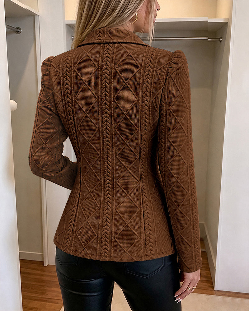 Textured Puff Sleeve Blazer - Slim Fit Gold Button Suit Jacket