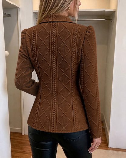 Textured Puff Sleeve Blazer - Slim Fit Gold Button Suit Jacket
