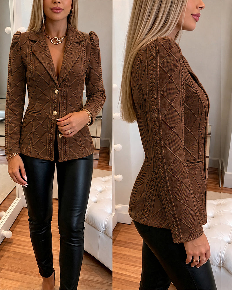 Textured Puff Sleeve Blazer - Slim Fit Gold Button Suit Jacket