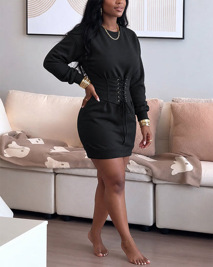 Lace-Up Corset Waist Sweatshirt Mini Dress - Crew Neck Long Sleeve