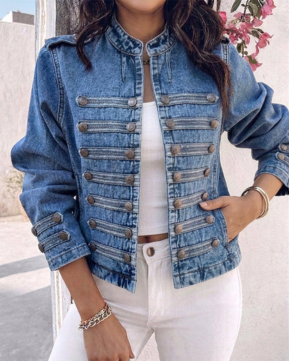 Women's Cropped Denim Jacket - Stand Collar Military Button Vintage Wash
