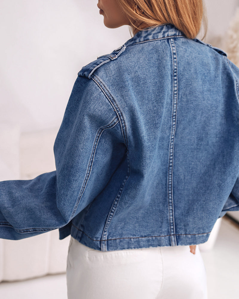 Women's Cropped Denim Jacket - Stand Collar Military Button Vintage Wash