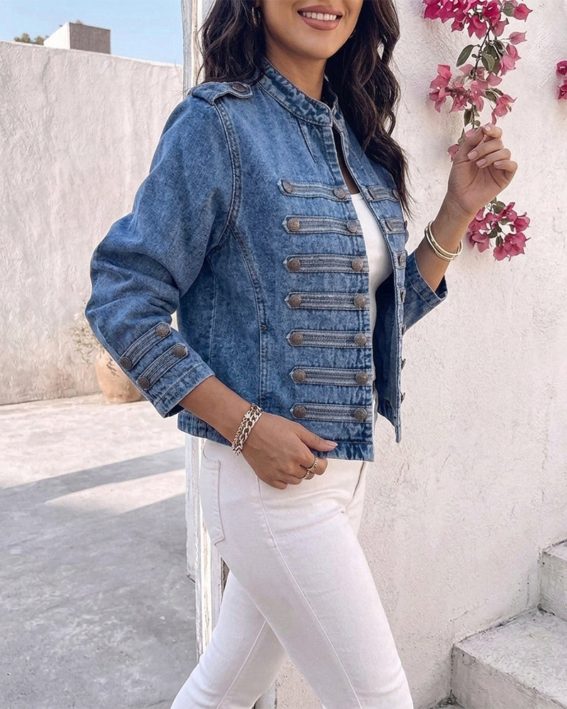 Women's Cropped Denim Jacket - Stand Collar Military Button Vintage Wash