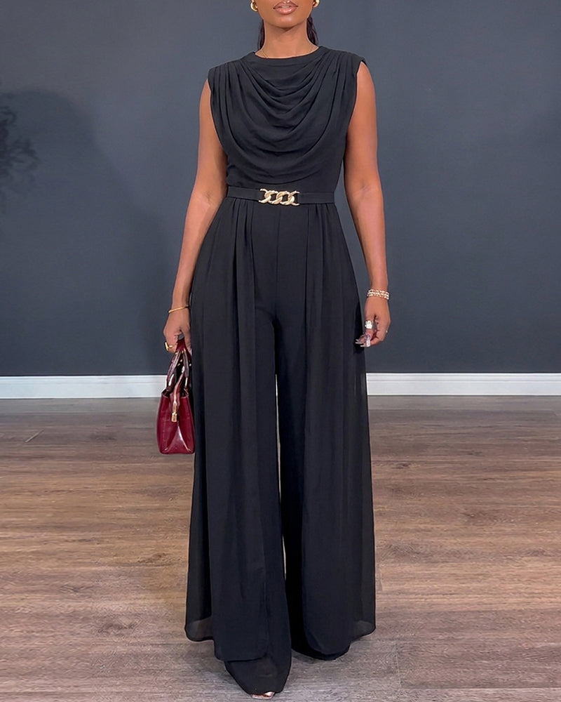Cowl Neck Wide Leg Jumpsuit - Chiffon Overlay Evening Jumpsuit with Belt