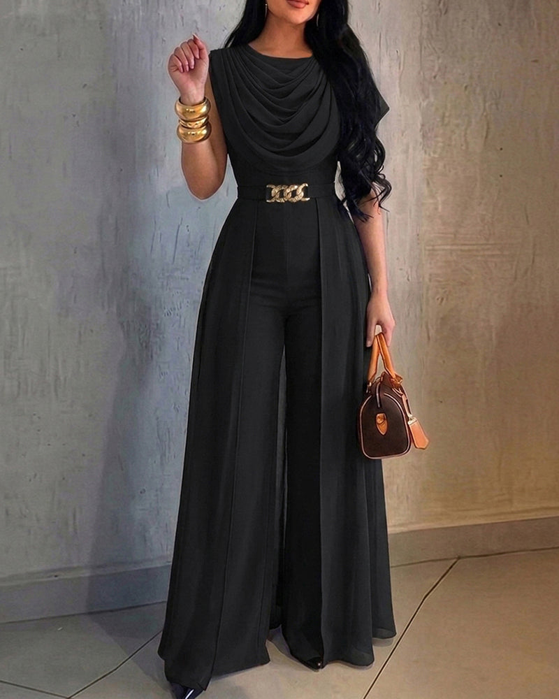 Cowl Neck Wide Leg Jumpsuit - Chiffon Overlay Evening Jumpsuit with Belt