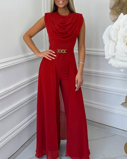 Cowl Neck Wide Leg Jumpsuit - Chiffon Overlay Evening Jumpsuit with Belt