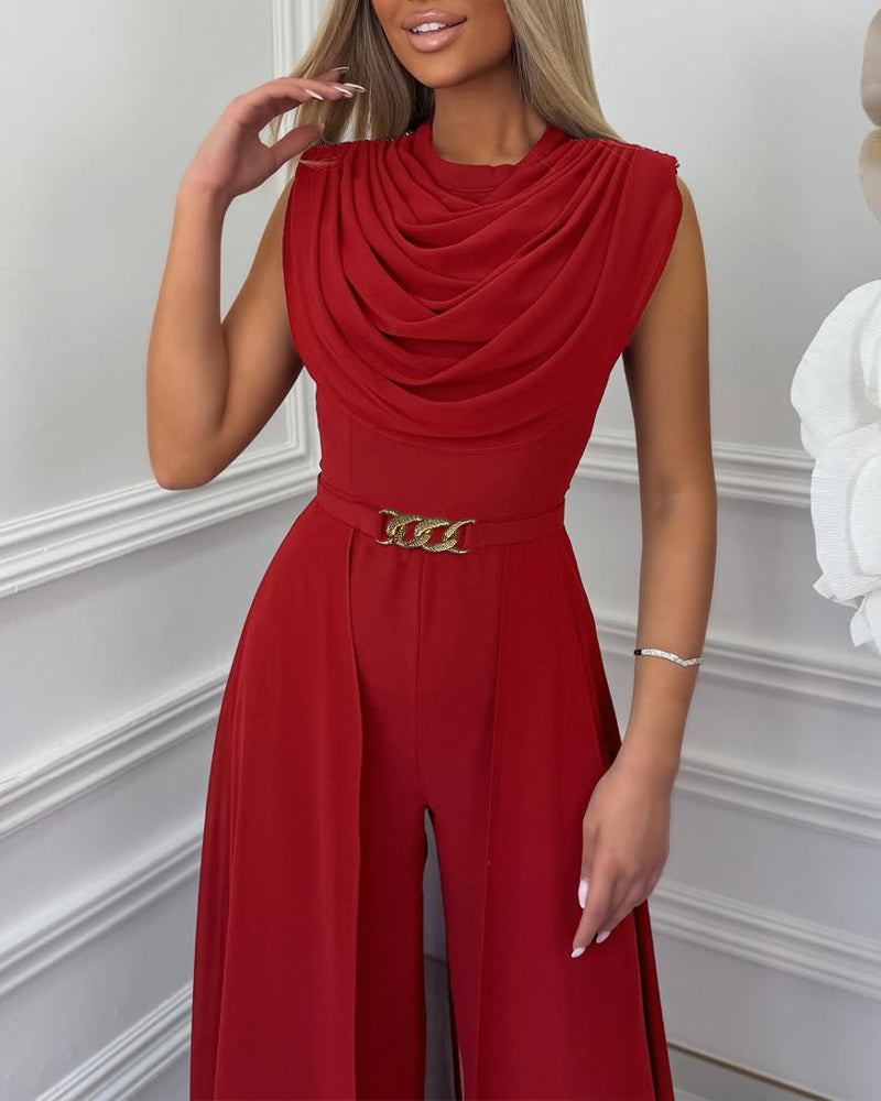 Cowl Neck Wide Leg Jumpsuit - Chiffon Overlay Evening Jumpsuit with Belt