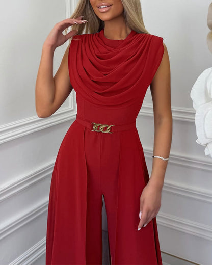 Cowl Neck Wide Leg Jumpsuit - Chiffon Overlay Evening Jumpsuit with Belt