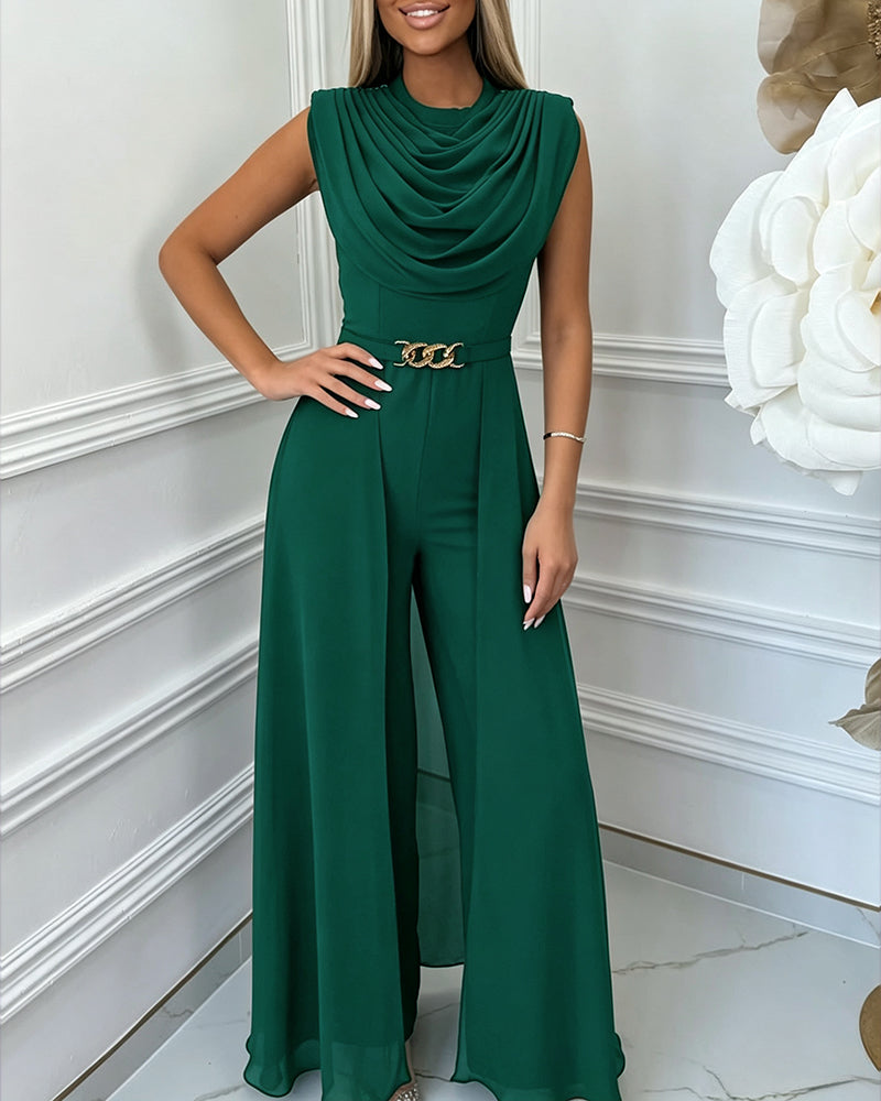 Cowl Neck Wide Leg Jumpsuit - Chiffon Overlay Evening Jumpsuit with Belt