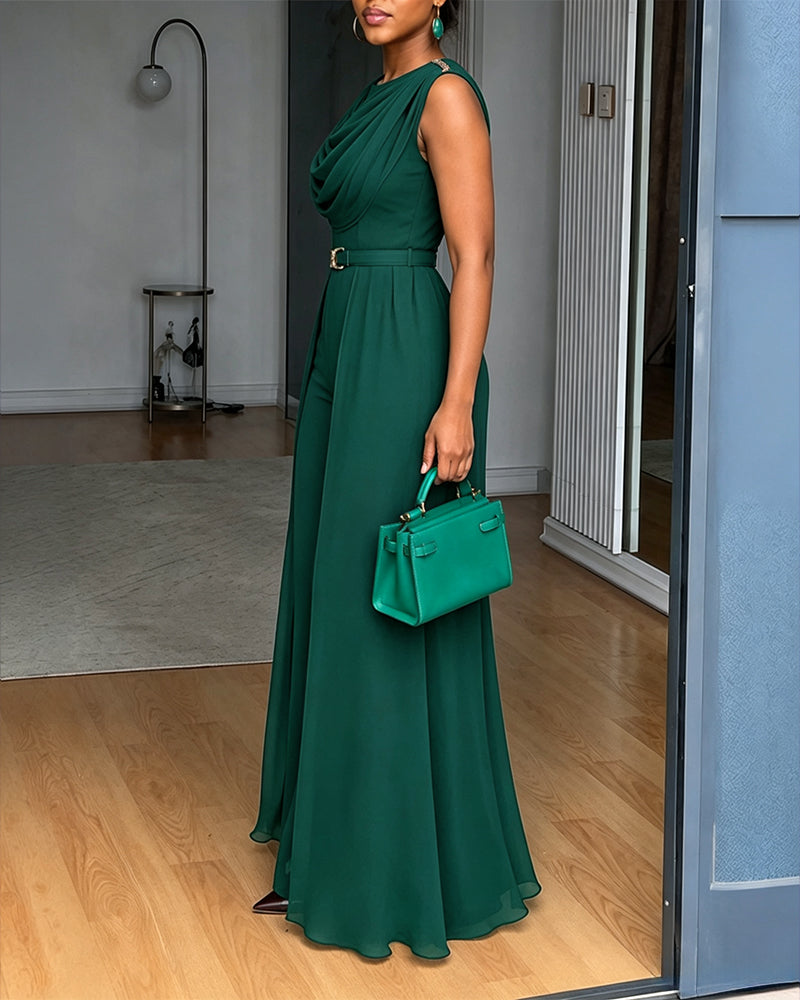Cowl Neck Wide Leg Jumpsuit - Chiffon Overlay Evening Jumpsuit with Belt