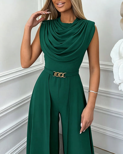 Cowl Neck Wide Leg Jumpsuit - Chiffon Overlay Evening Jumpsuit with Belt
